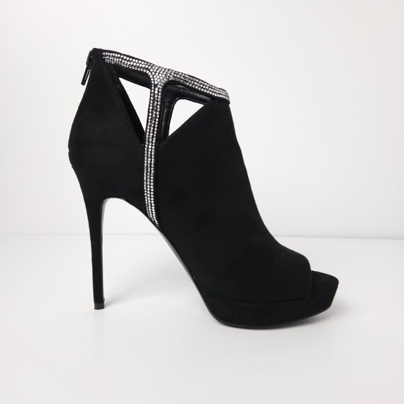 Aldo Tilasa Black Suede Peep Toe Ankle Boot Heels Silver Rhinestones - 7.5 - Picture 4 of 10